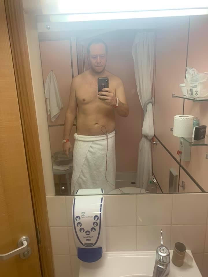 Me, topless in a bathroom at St Anthony's hospital wearing just a towel.  I can't wait to see what that brings up in the google image search