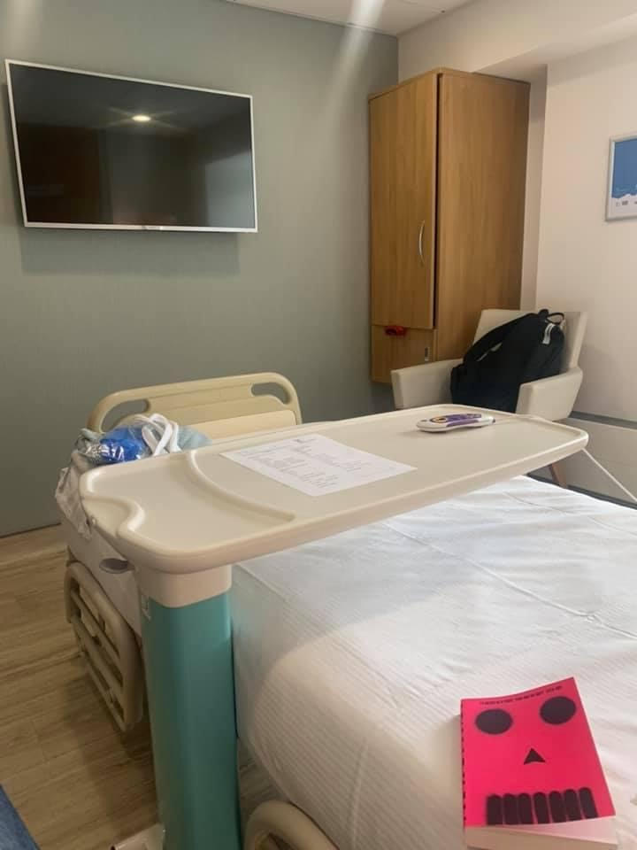 A private room at St Anthony's hospital, Surrey, England. The book on the bed is be more pirate