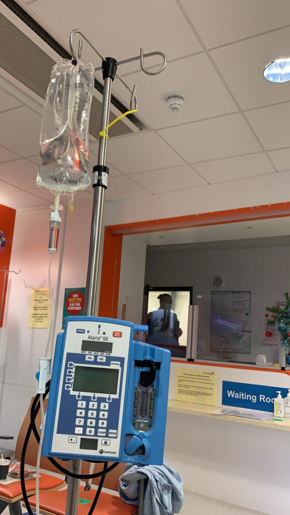 picture to illustrate the story of being treated in a waiting room on a drip in a NHS hospital waiting room. The Lister, Stevenage