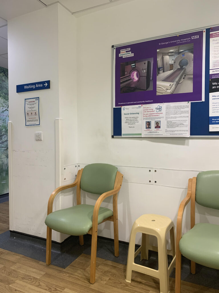 Image of NHS CT scanning waiting room Scanning waiting room at St George's hospital, London