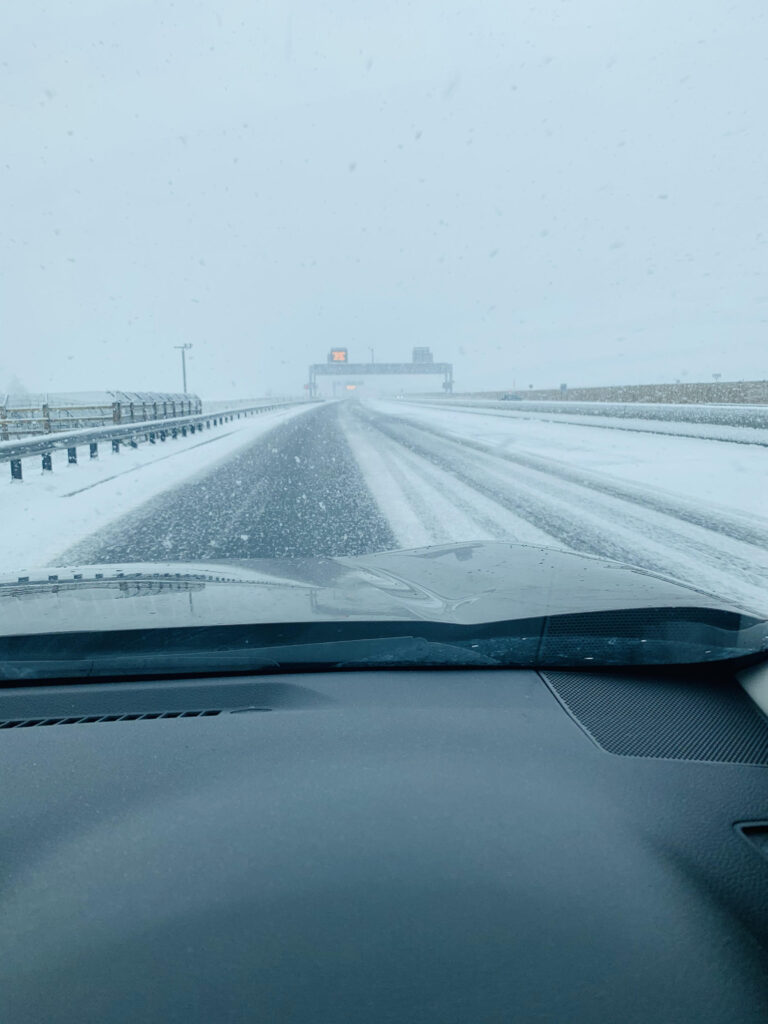 The A1, somewhere in Cambridgeshire, covered in snow.  January 2021