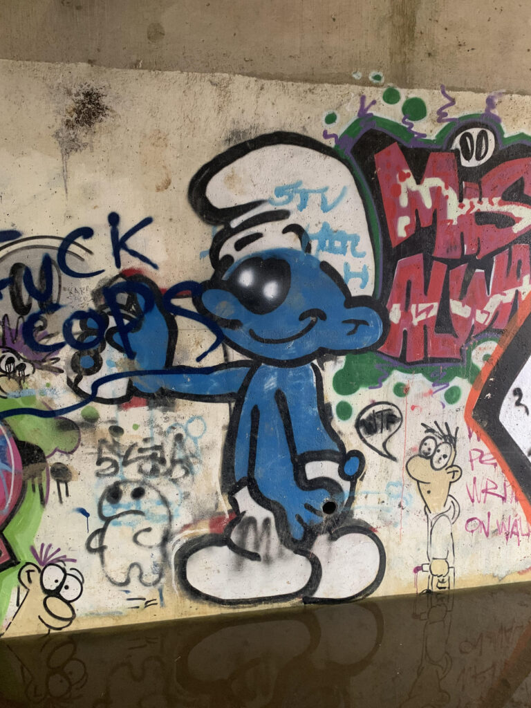 Papa Smurf graffiti, somewhere under the a10, Ware, Herts